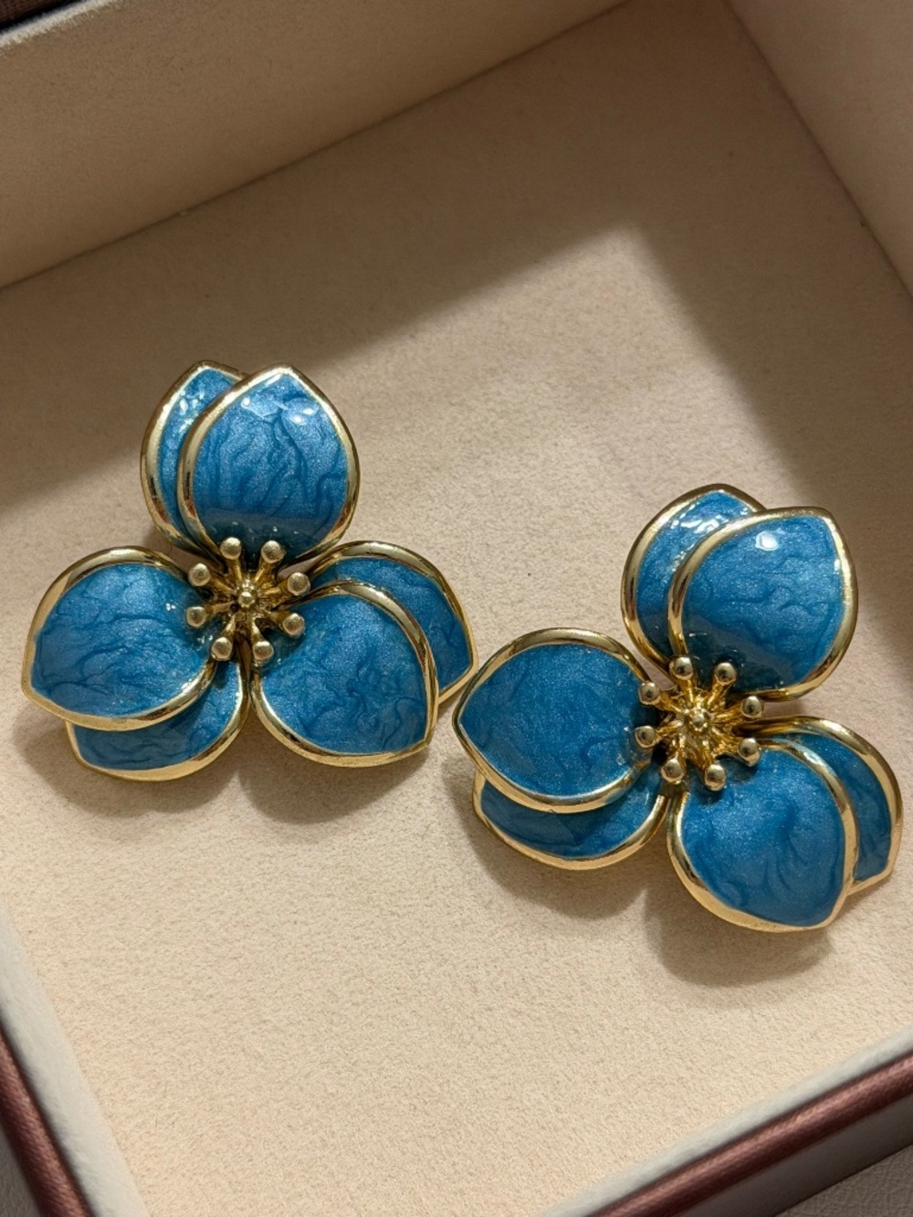 Golden Blue 3-Petal Flower Enamel Statement Earrings